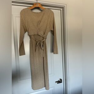 Elegant Tan Knit Wrap Dress